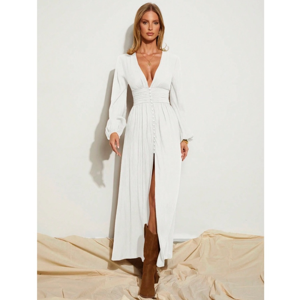 White Bohemian Long Flared Dress V-Neck Faux Buttons Long Sleeve - Picture 7 of 9